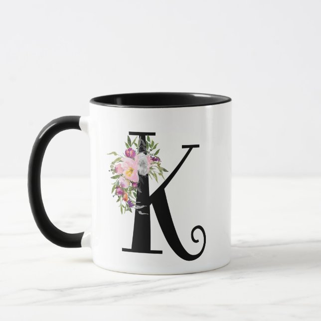 Watercolor Floral Letter K, Monogram Art Mug (Left)