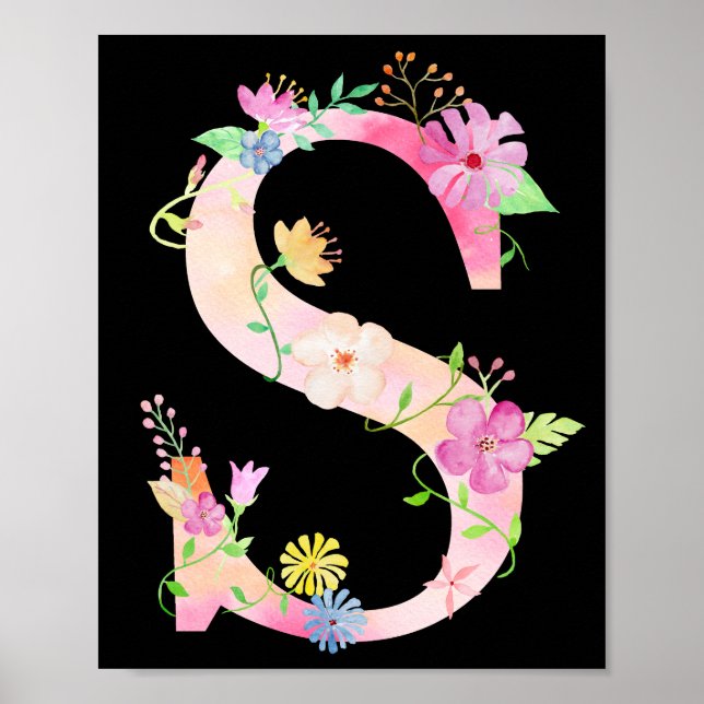 Watercolor Floral Letter S Poster (Front)