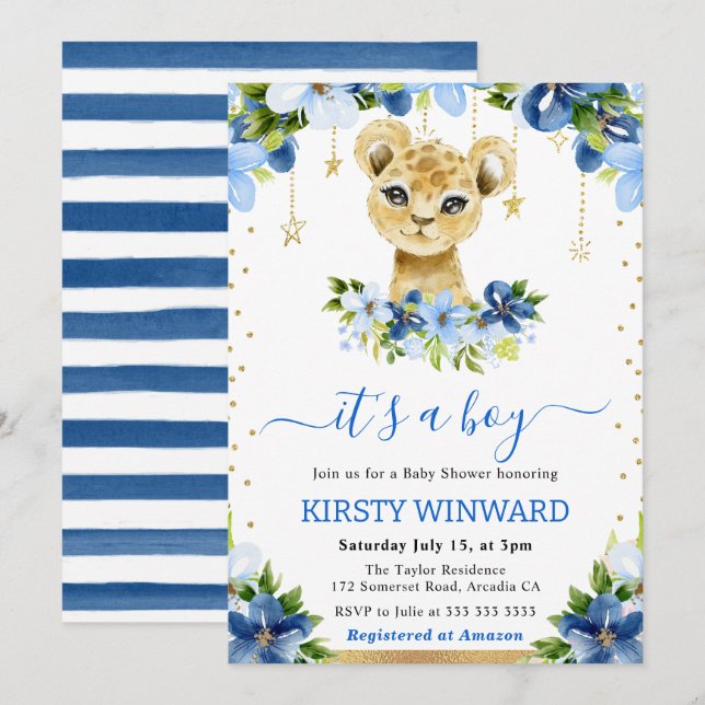 Watercolor Floral Lion Cub Boy Baby Shower Invitation (Front/Back)