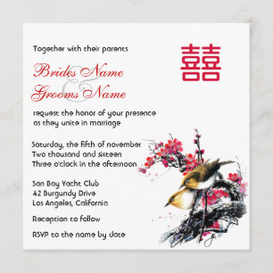 Watercolor Floral Love Birds Chinese Xi Wedding Invitation