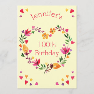Watercolor Floral Love Heart Wreath 100th Birthday Invitation