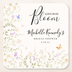 Watercolor Floral Love Is In Bloom Bridal Shower Square Paper Coaster