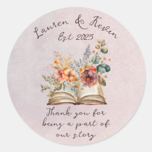 Watercolor Floral Love Story Book Wedding Classic Round Sticker