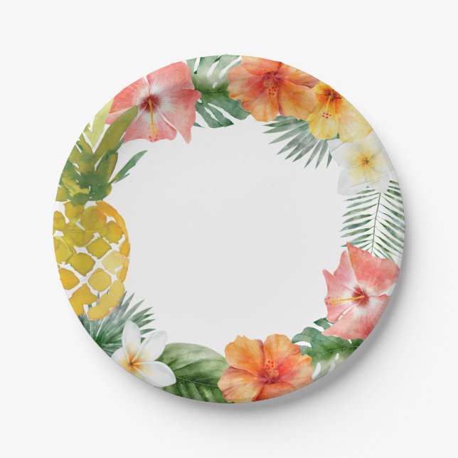 Watercolor Floral Luau Birthday Paper Plate (Front)