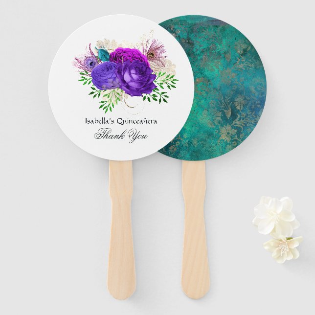 Watercolor Floral Mardi Gras Quinceañera Hand Fan (Front and Back)