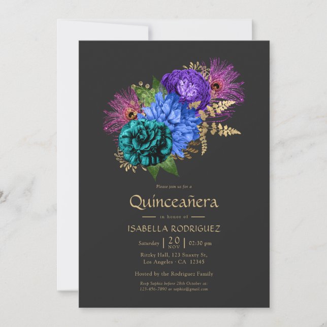 Watercolor Floral Mardi Gras Quinceañera Photo Invitation (Front)