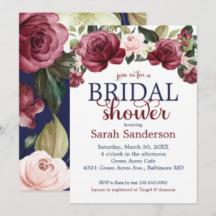 Watercolor Floral Maroon & Navy Bridal Shower Invitation