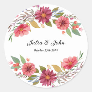 Watercolor Floral Marsala and Dusty Pink  Classic  Round Sticker