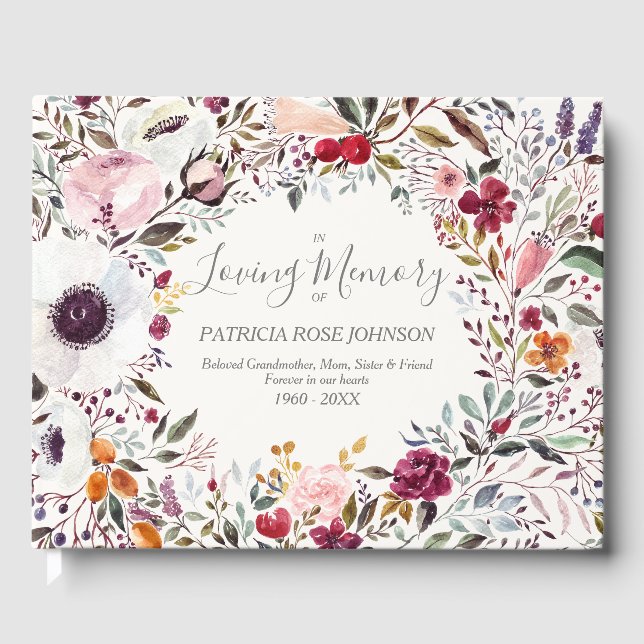 Watercolor Floral Memorial Funeral Remembrance Guest Book (Front)