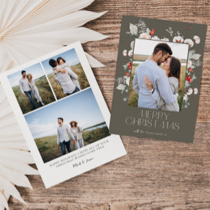 Watercolor Floral Merry Christmas Photo Card