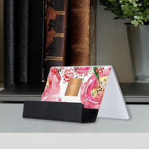Watercolor floral metallic copper square monogram desk business card holder