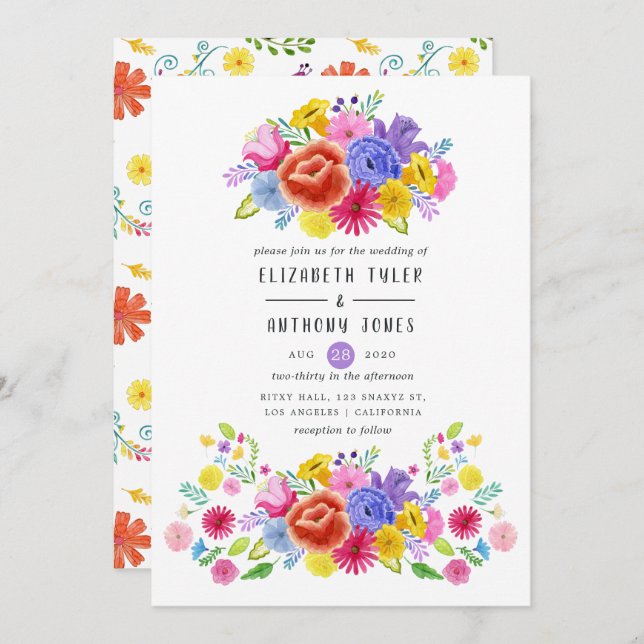 Watercolor Floral Mexican Fiesta Wedding Invitation (Front/Back)