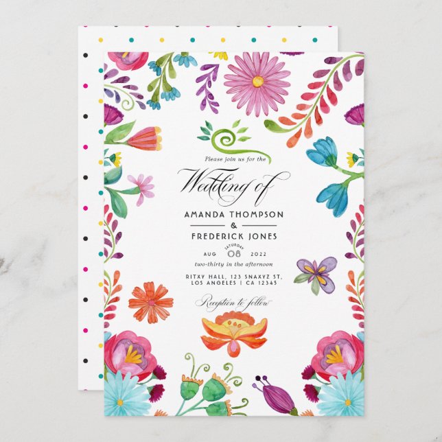 Watercolor Floral Mexican Fiesta Wedding Photo Invitation (Front/Back)