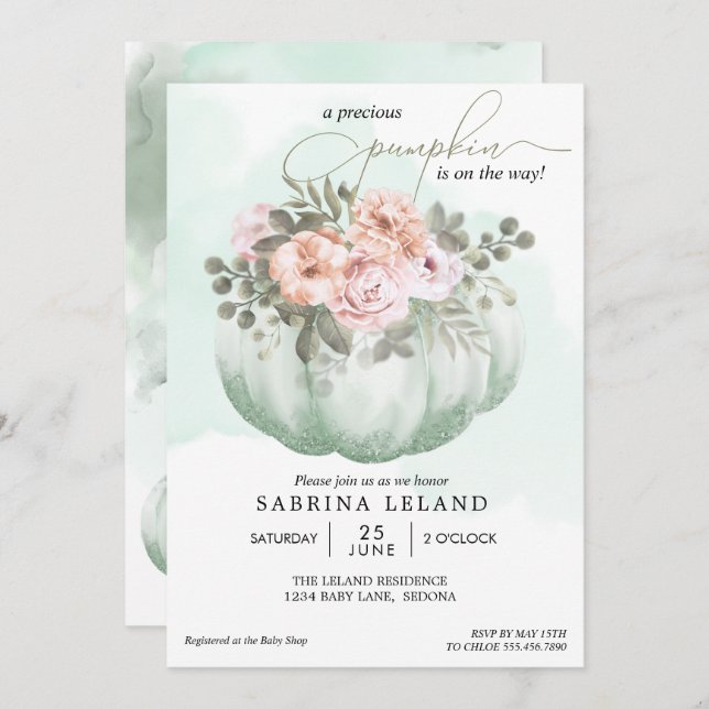 Watercolor Floral Mint Green Pumpkin Baby Shower Invitation (Front/Back)