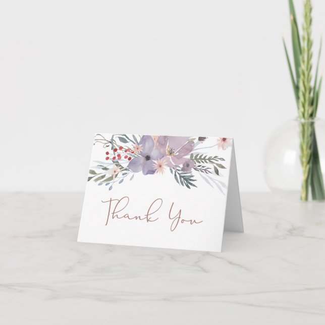 Watercolor Floral Modern Copper Script Thank You Card (Front)