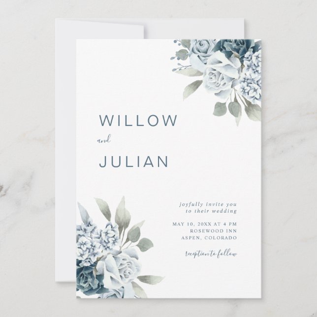 Watercolor Floral Modern Dusty Blue Wedding Invitation (Front)
