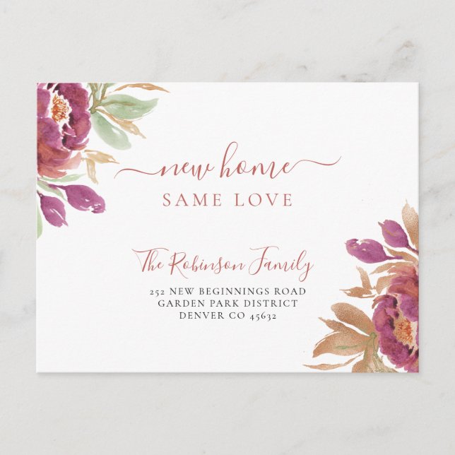 Watercolor floral modern elegant moving announcement postcard (Front)