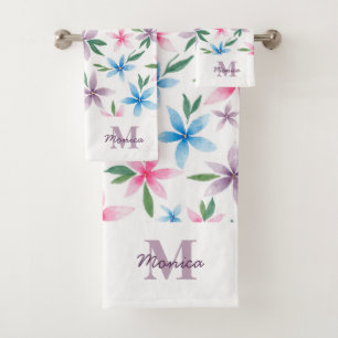 Watercolor Floral Monogram Bath Towel Set