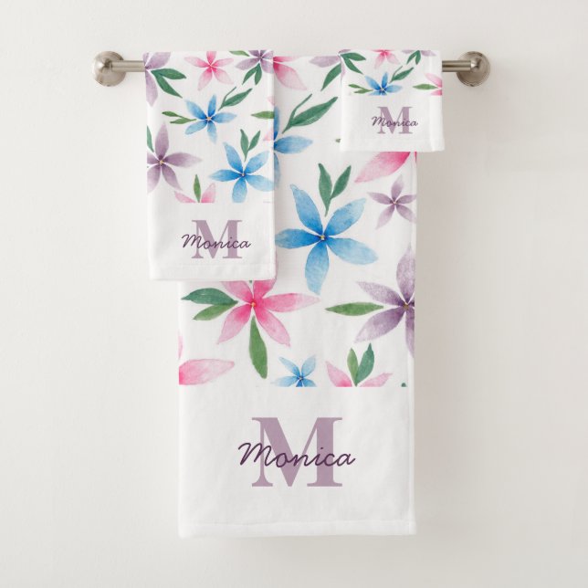 Watercolor Floral Monogram Bath Towel Set (Insitu)