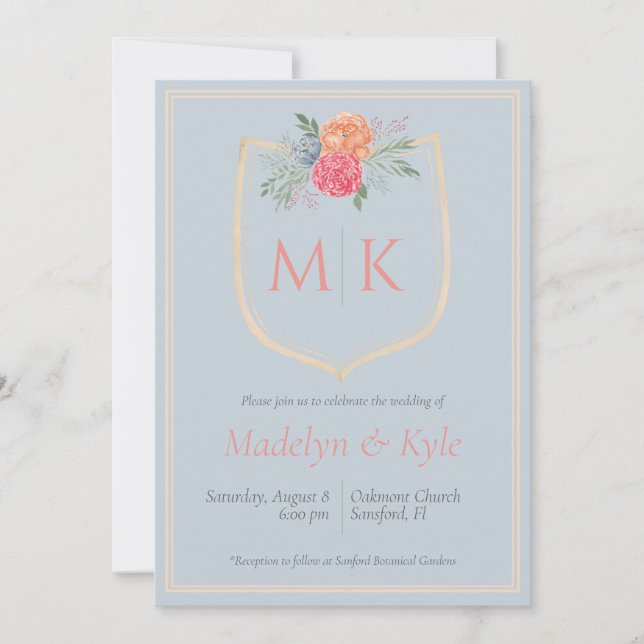 Watercolor Floral Monogram Crest Wedding Invitation (Front)