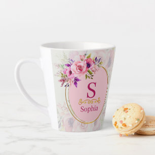 Watercolor Floral Monogram I Custom Gold Initial Latte Mug