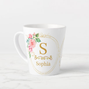 Watercolor Floral Monogram I Custom Gold Initial Latte Mug