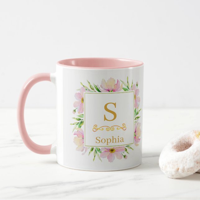 Watercolor Floral Monogram I Custom Gold Initial Mug (With Donut)