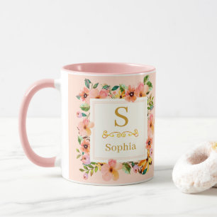 Watercolor Floral Monogram I Custom Gold Initial Mug