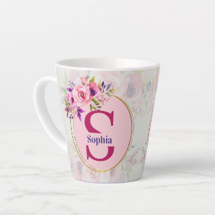 Watercolor Floral Monogram I Custom Name Gift Latte Mug