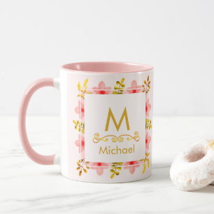 Watercolor Floral Monogram I Gold Initial & Name Mug
