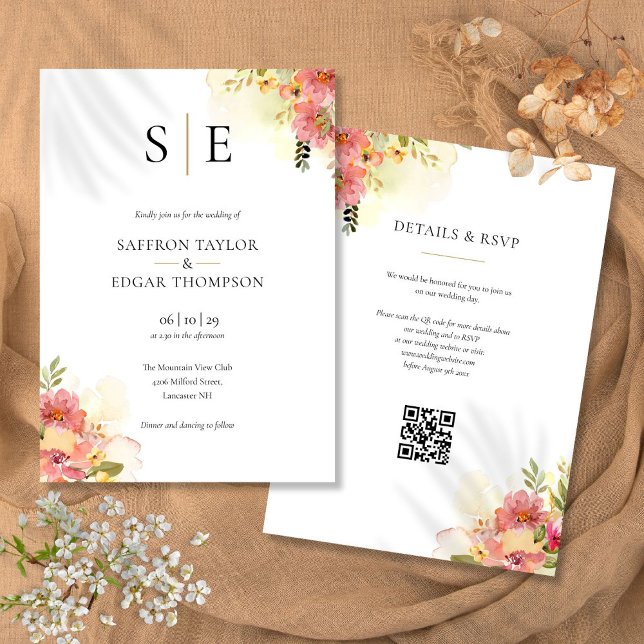 Watercolor Floral Monogram QR Code Wedding Invitation (Watercolor Floral Monogram QR Code Wedding Invitation)