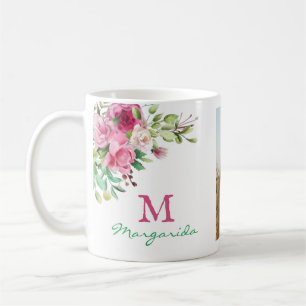 Watercolor Floral Monogram Two Photo Collage Coffee Mug