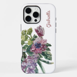 Watercolor floral monogram white green blush pink iPhone 16 pro max case