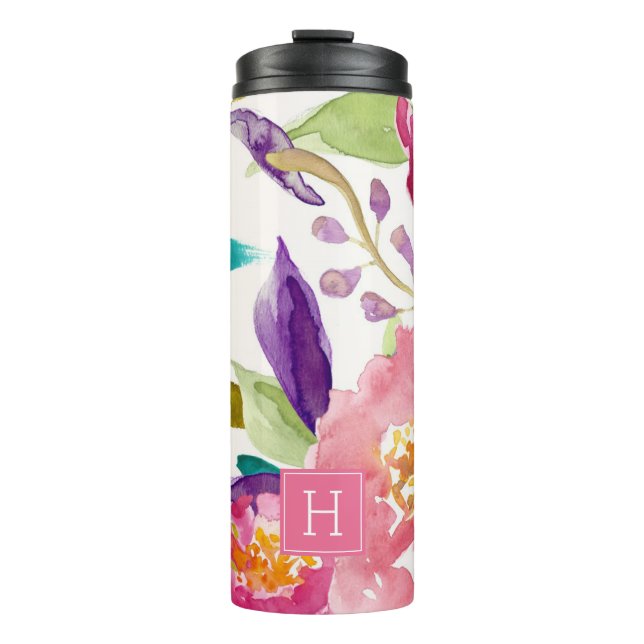 Watercolor Floral Monogrammed Thermal Tumbler (Front)