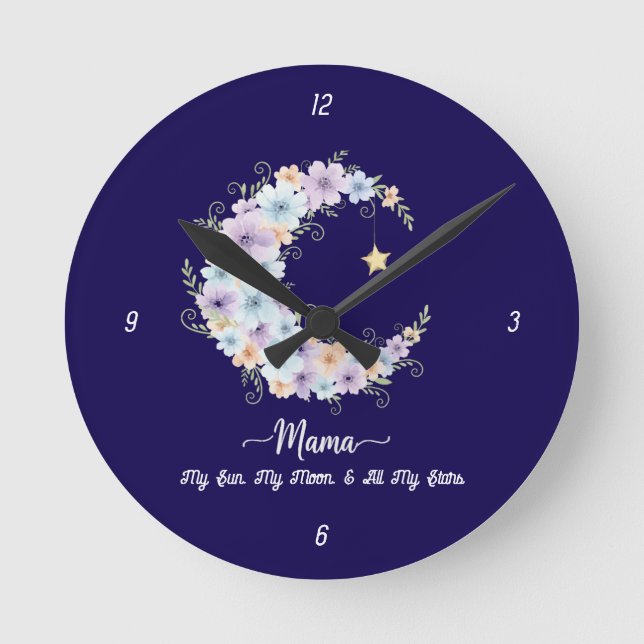 Watercolor Floral Moon Mama Round Clock (Front)