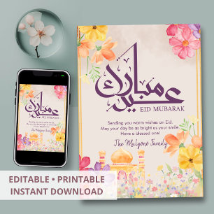 Watercolor Floral Mosque Eid Mubarak Greeting Card