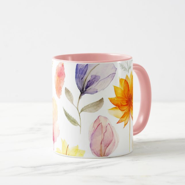 Watercolor Floral Mug | Pink Handle Spring Flower  (Front Right)