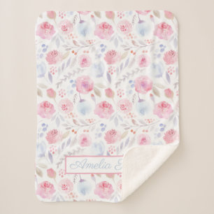 Watercolor Floral Name Modern Pink, Baby Blanket
