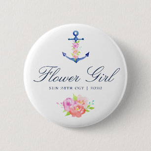 Watercolor Floral Nautical Wedding Flower Girl 6 Cm Round Badge