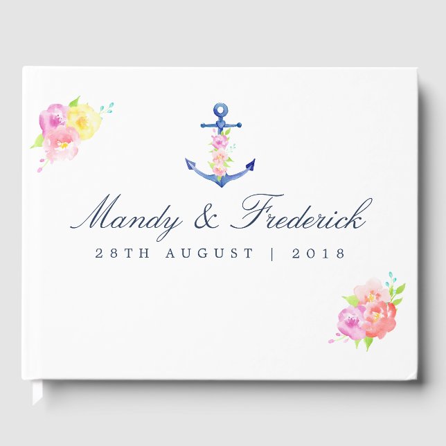 Watercolor Floral Nautical Wedding Guest Book (Front)