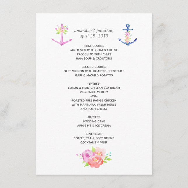 Watercolor Floral Nautical Wedding Menu (Front)