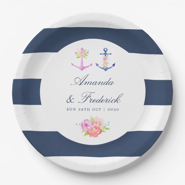 Watercolor Floral Nautical Wedding Paper Plate (Front)