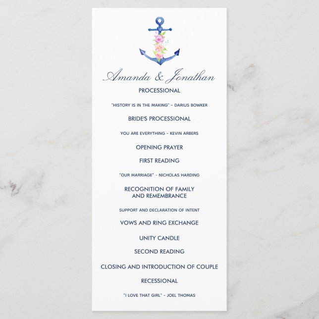 Watercolor Floral Nautical Wedding Program Programme (Front)
