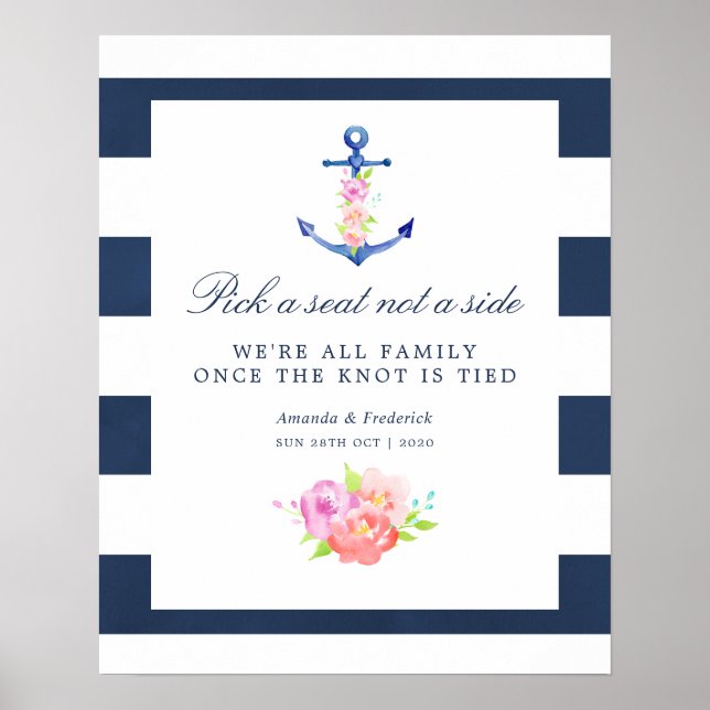 Watercolor Floral Nautical Wedding Seating Poster (Front)