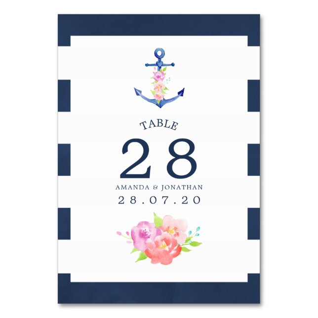 Watercolor Floral Nautical Wedding Table Number (Front)