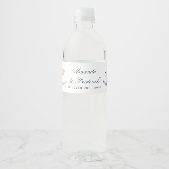 Watercolor Floral Nautical Wedding Water Bottle Label (Front)
