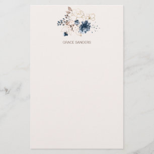 Watercolor floral navy blue and gold stationery