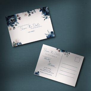 Watercolor floral navy blue Save The Date Postcard