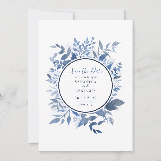 Watercolor Floral Navy Blue Script Save the Date (Front)