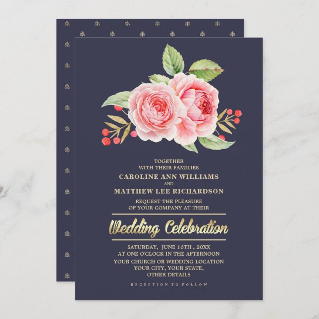 Watercolor Floral Navy Blue Wedding Invitation (Front/Back)